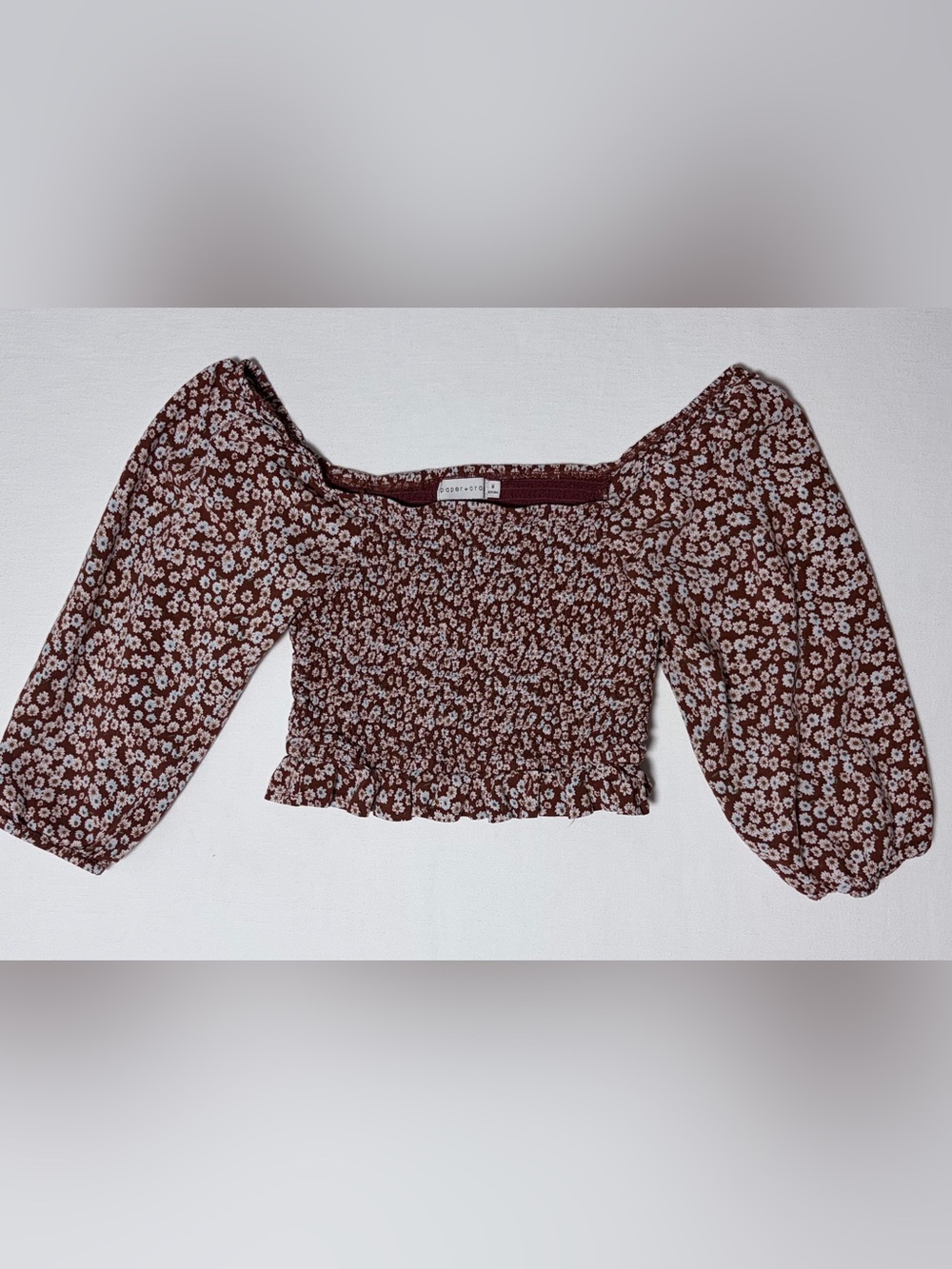 Paper Crane Smocked Long Sleeve Crop Top Women's Med Dark Red Ditsy Floral Nice